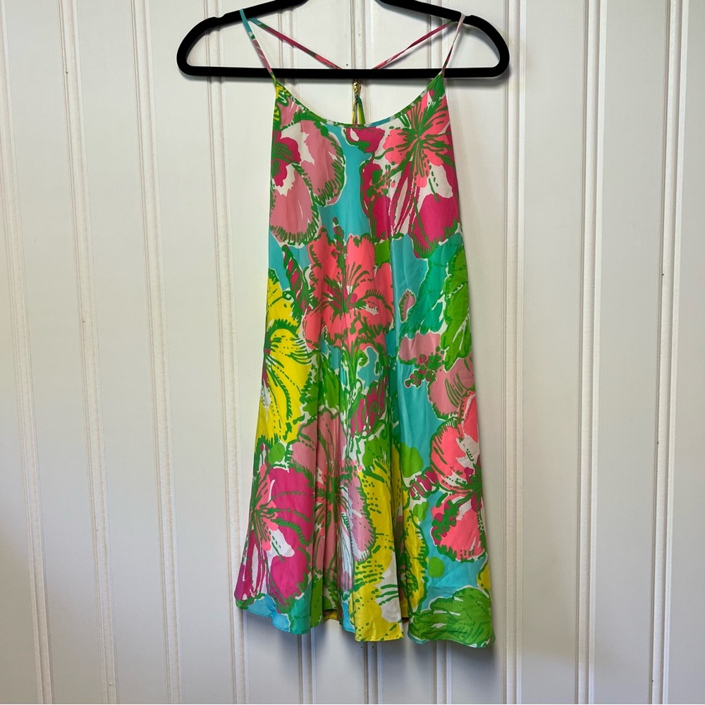 Lilly Pulitzer Silk Floral Slip Dress XS Pink Green Blue Spaghetti Strap Lined
